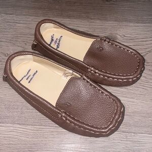 a Janie and Jack Boy Carafe leather driving shoe in a brown metallic color